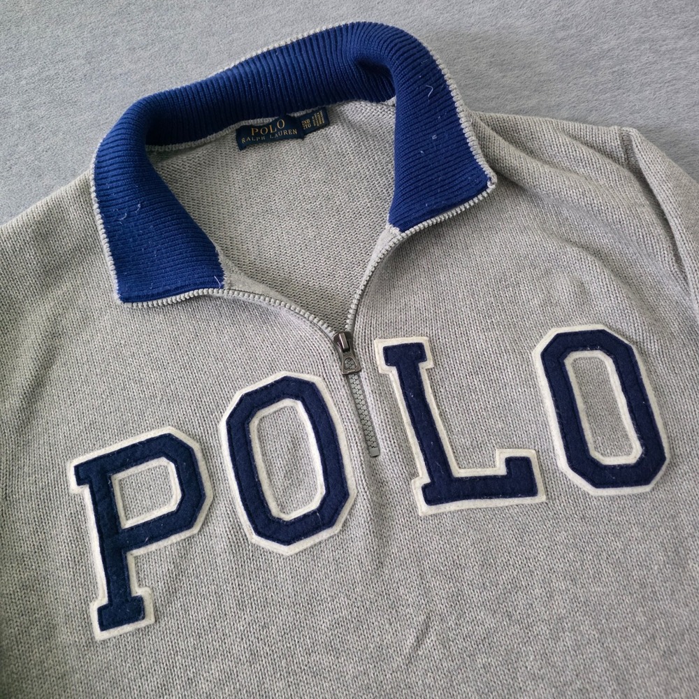 Polo Ralph Lauren Mens 2XB Grey Blue Quarter Zip Applique Logo Cotton Sweater